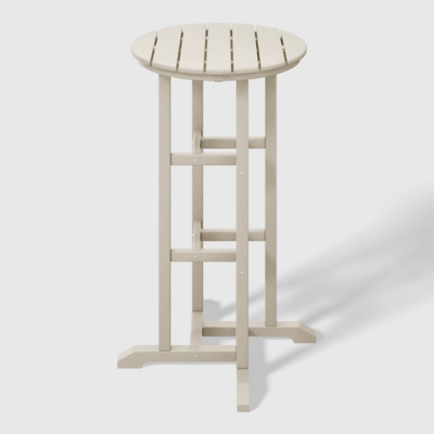 Beige round slatted outdoor table top with seating edge