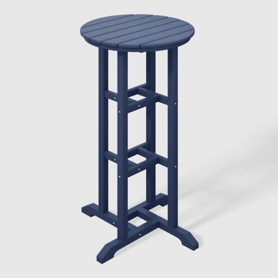 full-height view of navy blue bar table with stools