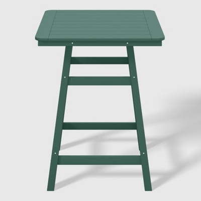 Close-up front view of green outdoor counter-height table