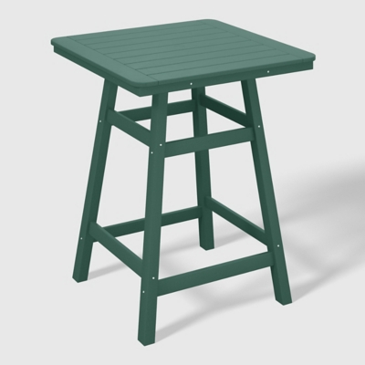 Close-up side view of green outdoor counter-height table