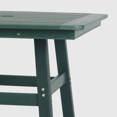 Close-up of table edge and leg connection in green outdoor furniture