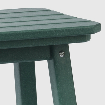 Close-up of screw heads on leg of green outdoor stool