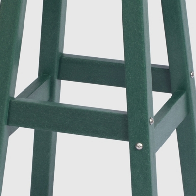 Close-up of leg joint and cross support on green outdoor furniture