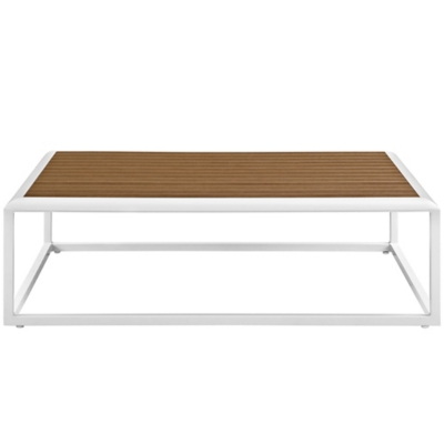 White coffee table with wooden slatted top on white background.