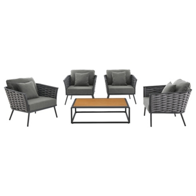 Five-piece outdoor furniture set with four chairs and a rectangular coffee table featuring a wooden top and black metal frame.