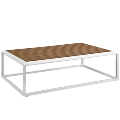 Rectangular coffee table with white frame and wooden slat top.