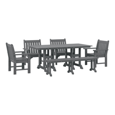 3D rendering of a six-piece dining set with matching chairs and bench