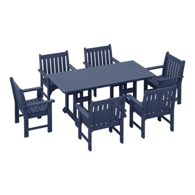 Three-quarter view of navy blue outdoor dining table with six chairs