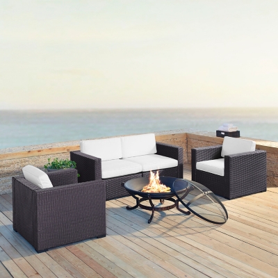 Biscayne 5Pc Outdoor Wicker Conversation Set W/Fire Pit, White, large