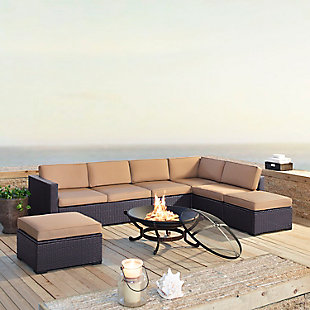 Biscayne 6Pc Outdoor Wicker Sectional Set W/Fire Pit, Mocha, rollover