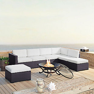 Biscayne 6Pc Outdoor Wicker Sectional Set W/Fire Pit, White, rollover