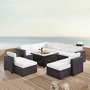 Biscayne 8Pc Outdoor Wicker Sectional Set W/Fire Table, White, rollover