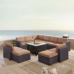 Biscayne 8Pc Outdoor Wicker Sectional Set W/Fire Table, Mocha, rollover