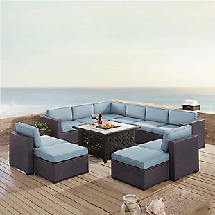 Biscayne 8Pc Outdoor Wicker Sectional Set W/Fire Table, Mist, rollover
