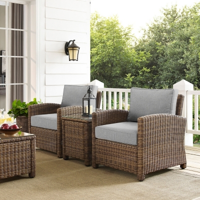 Bradenton 3 Piece Outdoor Wicker Armchair Set, Gray/Brown