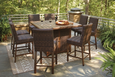 Paradise Trail Outdoor Bar Table and 8 Barstools, Medium Brown