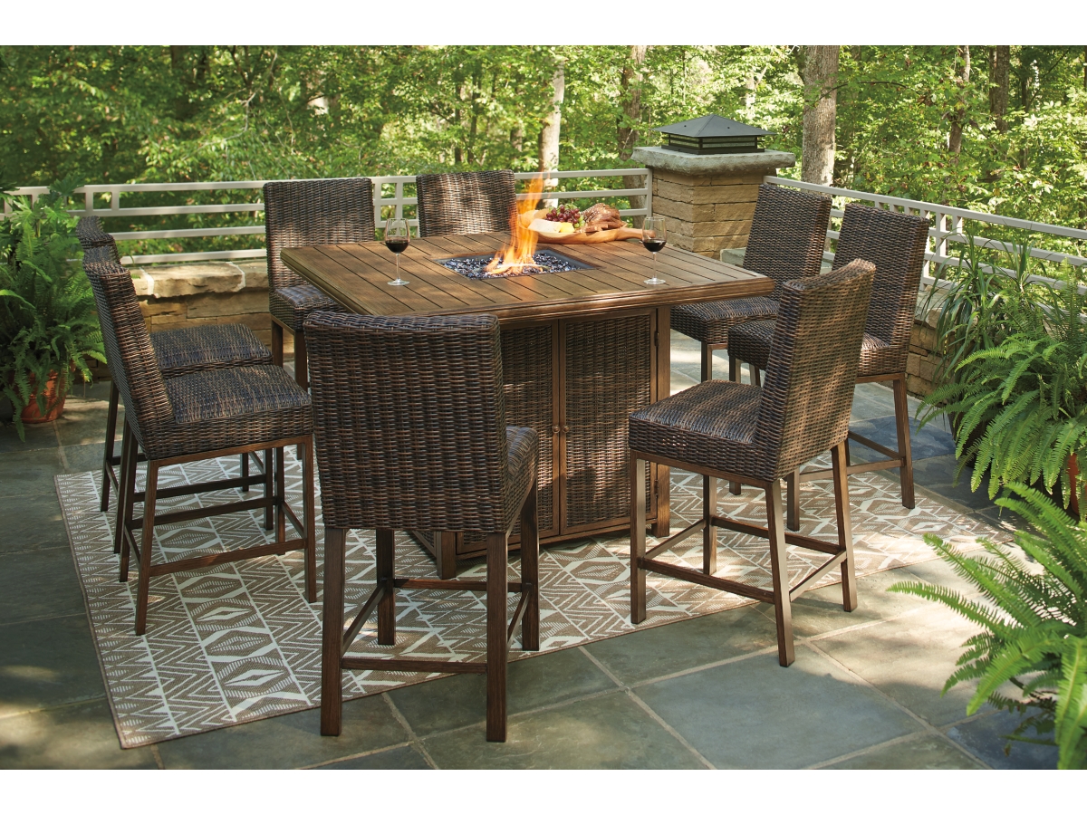 Ashley Furniture Paradise Trail Patio Fire Pit Pub Table in Brown