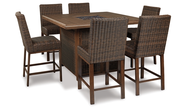 Paradise Trail 7 Piece Outdoor Bar Stool & Fire Table Set