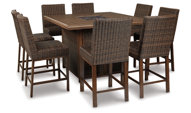 Paradise Trail 9 Piece Outdoor Bar Stool & Fire Table Set