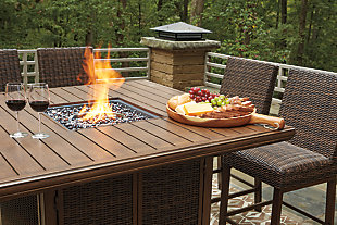 Turn your backyard space into your own piece of paradise with the Paradise Trail 9-piece outdoor fire pit table set. Though this outdoor table looks remarkably like wood, it’s made of sturdy, rust-proof aluminum that’s perfectly suited for al fresco living. Enhancing the rustically refined aesthetic: all-weather, handwoven resin wicker. The result may look high maintenance, but rest assured, this outdoor fire pit table set is anything but. With the press of a button, ignite a flickering flame that dances over a bed of glass beads. And with eight high-style bar stools, it’s one highly accommodating outdoor bar table set.Includes square bar table with fire pit and 8 bar stools | Bar stools with all-weather, handwoven resin wicker over rust-proof aluminum frame; legs with wood-like finish | Fire pit table with rust-proof aluminum frame, wood-look tabletop and side panels accented with all-weather, handwoven resin wicker | 56" square fire pit table with CSA-approved 50,000 BTU stainless steel burner, glass beads, burner cover and enclosed storage area with shelves | Battery-operated ignition system with adjustable flame control; battery included | Convertible to natural gas | Table comes with protective weather cover | Door conceals gas propane tank (not included) | Assembly of fire pit table provided with in-home delivery; connection to propane tank or connector hose not provided
 | Estimated Assembly Time: 180 Minutes