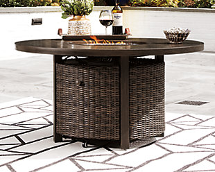 Turn your backyard space into your own piece of paradise with the Paradise Trail outdoor fire pit table. Though this outdoor table looks remarkably like wood, it’s made of sturdy, rust-proof aluminum that’s perfectly suited for al fresco living. Enhancing the rustically refined aesthetic: side panels accented with all-weather, handwoven resin wicker. The result may look high maintenance, but rest assured, this outdoor piece is anything but. With the press of a button, ignite a flickering flame that dances over a bed of glass beads. And with room for four, it’s one highly accommodating outdoor fire pit table.48" round fire pit with CSA-approved 55,000 BTU stainless steel burner, glass beads, burner cover and protective all-weather cover | All-weather, handwoven resin wicker over rust-free aluminum frame | Aluminum wood-look top | Door conceals gas propane tank (not included) | Convertible to natural gas | Battery-operated ignition system with adjustable flame control; battery included | Assembly required | Assembly of fire pit table provided with in-home delivery; connection to propane tank or connector hose not provided | Estimated Assembly Time: 45 Minutes