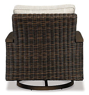 Pretty enough for trendy interiors, yet durable enough to weather the elements, the Paradise Trail outdoor swivel lounge chair rises to the challenge beautifully. Handwoven resin wicker over rust-proof aluminum merges high style with low maintenance. Rest assured, though the exposed armrests and swivel base look remarkably like wood, their sturdy aluminum construction is perfectly suited for al fresco living. Plush seat cushions wrapped in high-performing Nuvella® fabric aim to please.Set of 2 | All-weather, handwoven resin wicker over rust-proof aluminum frame | Aluminum armrests and base with wood-like finish | Seat cushions covered with high-performance Nuvella® fabric | Clean fabric with mild soap and water, let air dry; for stubborn stains, use a solution of 1 cup bleach to 1 gallon water | All-weather foam cushion core wrapped in soft polyester | 360-degree swivel | Ships in single box | Imported fabric and fill | Assembly required | Estimated Assembly Time: 30 Minutes