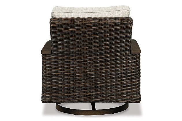 Pretty enough for trendy interiors, yet durable enough to weather the elements, the Paradise Trail outdoor swivel lounge chair rises to the challenge beautifully. Handwoven resin wicker over rust-proof aluminum merges high style with low maintenance. Rest assured, though the exposed armrests and swivel base look remarkably like wood, their sturdy aluminum construction is perfectly suited for al fresco living. Plush seat cushions wrapped in high-performing Nuvella® fabric aim to please.Set of 2 | All-weather, handwoven resin wicker over rust-proof aluminum frame | Aluminum armrests and base with wood-like finish | Seat cushions covered with high-performance Nuvella® fabric | Clean fabric with mild soap and water, let air dry; for stubborn stains, use a solution of 1 cup bleach to 1 gallon water | All-weather foam cushion core wrapped in soft polyester | 360-degree swivel | Ships in single box | Imported fabric and fill | Assembly required | Estimated Assembly Time: 30 Minutes