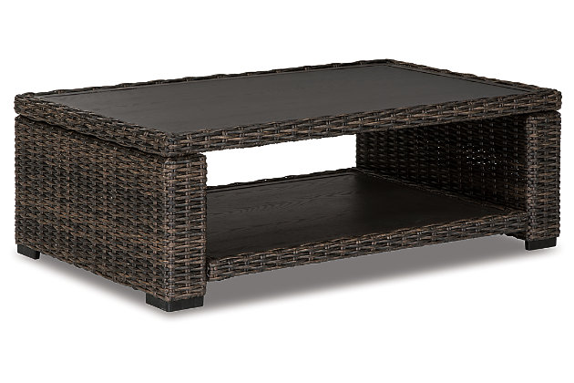Style. Comfort. Quality. Value. The Grasson Lane coffee table really goes to town, giving you the total package for outstanding outdoor living. Crafted to withstand the elements, this outdoor table’s resin wicker base and rust-proof aluminum frame ensure carefree living, while the aluminum surfaces provide stylish appeal. Cool, clean lined and casual, it's perfect for use inside or out.Outdoor coffee table | All-weather resin wicker handwoven over durable aluminum frame | Powder coated aluminum resists rusting and fading | Aluminum tabletop and lower shelf | Assembly required | Estimated Assembly Time: 15 Minutes