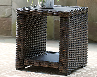 Style. Comfort. Quality. Value. The Grasson Lane end table really goes to town, giving you the total package for outstanding outdoor living. Crafted to withstand the elements, this outdoor table’s resin wicker base and rust-proof aluminum frame ensures carefree living, while the aluminum surfaces provide stylish appeal. Cool, clean lined and casual, it's perfect for use inside or out.Outdoor end table | All-weather resin wicker handwoven over durable aluminum frame | Powder coated aluminum resists rusting and fading | Aluminum tabletop and lower shelf | Assembly required | Estimated Assembly Time: 15 Minutes