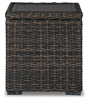 Style. Comfort. Quality. Value. The Grasson Lane end table really goes to town, giving you the total package for outstanding outdoor living. Crafted to withstand the elements, this outdoor table’s resin wicker base and rust-proof aluminum frame ensures carefree living, while the aluminum surfaces provide stylish appeal. Cool, clean lined and casual, it's perfect for use inside or out.Outdoor end table | All-weather resin wicker handwoven over durable aluminum frame | Powder coated aluminum resists rusting and fading | Aluminum tabletop and lower shelf | Assembly required | Estimated Assembly Time: 15 Minutes