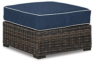 Style. Comfort. Quality. Value. The Grasson Lane ottoman with cushion really goes to town, giving you the total package for outstanding outdoor living. Crafted to withstand the elements, this outdoor ottoman’s resin wicker base and rust-proof aluminum frame ensure carefree living, while the plush cushion covered in fade-resistant Nuvella® fabric provides stylish appeal. Comfy and casual, it's perfect for use inside or out.Outdoor ottoman with cushion | All-weather resin wicker handwoven over durable aluminum frame | Powder coated aluminum resists rusting and fading | Zippered cushion covered in high-performing Nuvella® fabric | All-weather foam cushion core wrapped in soft polyester | Imported fabric and fill | Clean fabric with mild soap and water, let air dry; for stubborn stains, use a solution of 1 cup bleach to 1 gallon water