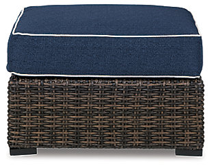 Style. Comfort. Quality. Value. The Grasson Lane ottoman with cushion really goes to town, giving you the total package for outstanding outdoor living. Crafted to withstand the elements, this outdoor ottoman’s resin wicker base and rust-proof aluminum frame ensure carefree living, while the plush cushion covered in fade-resistant Nuvella® fabric provides stylish appeal. Comfy and casual, it's perfect for use inside or out.Outdoor ottoman with cushion | All-weather resin wicker handwoven over durable aluminum frame | Powder coated aluminum resists rusting and fading | Zippered cushion covered in high-performing Nuvella® fabric | All-weather foam cushion core wrapped in soft polyester | Imported fabric and fill | Clean fabric with mild soap and water, let air dry; for stubborn stains, use a solution of 1 cup bleach to 1 gallon water