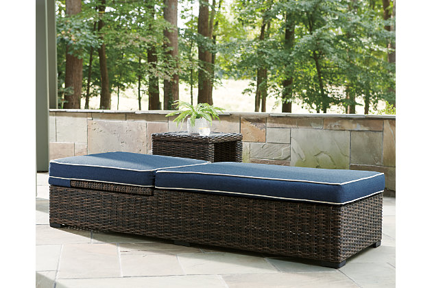 Style. Comfort. Quality. Value. The Grasson Lane chaise lounge with cushion really goes to town, giving you the total package for outstanding outdoor living. Crafted to withstand the elements, this outdoor chaise’s resin wicker base and rust-proof aluminum frame ensure carefree living, while the plush cushion covered in fade-resistant Nuvella® fabric provides stylish appeal. Comfy and casual, it's perfect for use inside or out.Outdoor chaise with cushion | All-weather resin wicker handwoven over durable aluminum frame | Powder coated aluminum resists rusting and fading | Zippered cushion covered in high-performing Nuvella® fabric | All-weather foam cushion core wrapped in soft polyester | Imported fabric and fill | Clean fabric with mild soap and water, let air dry; for stubborn stains, use a solution of 1 cup bleach to 1 gallon water
