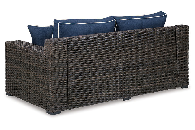 Style. Comfort. Quality. Value. The Grasson Lane loveseat with cushion really goes to town, giving you the total package for outstanding outdoor living. Crafted to withstand the elements, this outdoor loveseat’s resin wicker base and rust-proof aluminum frame ensure carefree living, while the plush cushion covered in fade-resistant Nuvella® fabric provides stylish appeal. Comfy and casual, it's perfect for use inside or out.Outdoor loveseat with cushion | All-weather resin wicker handwoven over durable aluminum frame | Powder coated aluminum resists rusting and fading | Zippered cushion covered in high-performing Nuvella® fabric | All-weather foam cushion core wrapped in soft polyester | Imported fabric and fill | Clean fabric with mild soap and water, let air dry; for stubborn stains, use a solution of 1 cup bleach to 1 gallon water | Assembly required | Estimated Assembly Time: 45 Minutes