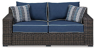 Style. Comfort. Quality. Value. The Grasson Lane loveseat with cushion really goes to town, giving you the total package for outstanding outdoor living. Crafted to withstand the elements, this outdoor loveseat’s resin wicker base and rust-proof aluminum frame ensure carefree living, while the plush cushion covered in fade-resistant Nuvella® fabric provides stylish appeal. Comfy and casual, it's perfect for use inside or out.Outdoor loveseat with cushion | All-weather resin wicker handwoven over durable aluminum frame | Powder coated aluminum resists rusting and fading | Zippered cushion covered in high-performing Nuvella® fabric | All-weather foam cushion core wrapped in soft polyester | Imported fabric and fill | Clean fabric with mild soap and water, let air dry; for stubborn stains, use a solution of 1 cup bleach to 1 gallon water | Assembly required | Estimated Assembly Time: 45 Minutes