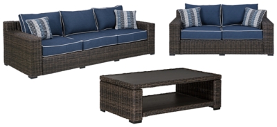 Grasson Lane Outdoor Sofa and Loveseat with Coffee Table, Brown/Blue