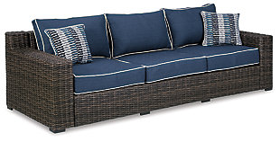 Style. Comfort. Quality. Value. This 3-piece outdoor furniture set with sofa, loveseat and ottoman really goes to town, giving you the total package for outstanding outdoor living. Crafted to withstand the elements, resin wicker over rust-proof aluminum frames ensure carefree living, while the plush cushions covered in fade-resistant Nuvella® fabric provide stylish appeal. Comfy and casual, this elegant ensemble is perfect for use inside or out.Includes 3 pieces: sofa, loveseat and ottoman (with cushions)  | All-weather resin wicker handwoven over durable aluminum frame | Powder coated aluminum resists rusting and fading | Zippered cushions covered in high-performing Nuvella® fabric | All-weather foam cushion core wrapped in soft polyester | Imported fabric and fill | Clean fabric with mild soap and water, let air dry; for stubborn stains, use a solution of 1 cup bleach to 1 gallon water | Assembly required | Estimated Assembly Time: 75 Minutes