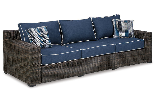 Style. Comfort. Quality. Value. This 3-piece outdoor furniture set with sofa, loveseat and ottoman really goes to town, giving you the total package for outstanding outdoor living. Crafted to withstand the elements, resin wicker over rust-proof aluminum frames ensure carefree living, while the plush cushions covered in fade-resistant Nuvella® fabric provide stylish appeal. Comfy and casual, this elegant ensemble is perfect for use inside or out.Includes 3 pieces: sofa, loveseat and ottoman (with cushions)  | All-weather resin wicker handwoven over durable aluminum frame | Powder coated aluminum resists rusting and fading | Zippered cushions covered in high-performing Nuvella® fabric | All-weather foam cushion core wrapped in soft polyester | Imported fabric and fill | Clean fabric with mild soap and water, let air dry; for stubborn stains, use a solution of 1 cup bleach to 1 gallon water | Assembly required | Estimated Assembly Time: 75 Minutes