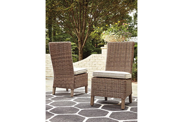 Sporting an easy-on-the-eyes look inspired by driftwood, the Beachcroft dining chair with cushion elevates the art of indoor-outdoor living. Beautiful and durable enough for indoor and outdoor use, this brilliantly styled dining chair entices with a plush, removable cushion wrapped in high-performing Nuvella® fabric that’s a breeze to keep clean.All-weather resin wicker handwoven over powder coated rust-resistant aluminum frame | Cushion covered in high-performing Nuvella® fabric | All-weather foam cushion core wrapped in soft polyester | Clean fabric with mild soap and water, let air dry; for stubborn stains, use a solution of 1 cup bleach to 1 gallon water | Imported fabric and fill | Excluded From Promotional Discounts | Estimated Assembly Time: 30 Minutes