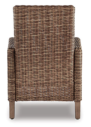 Sporting an easy-on-the-eyes look inspired by driftwood, the Beachcroft dining arm chair with cushion elevates the art of indoor-outdoor living. Beautiful and durable enough for indoor and outdoor use, this brilliantly styled dining chair entices with a plush, removable cushion wrapped in high-performing Nuvella® fabric that’s a breeze to keep clean.All-weather resin wicker handwoven over powder coated rust-resistant aluminum frame | Cushion covered in high performing solution dyed Nuvella® fabric | All-weather foam cushion core wrapped in soft polyester | Clean fabric with mild soap and water, let air dry; for stubborn stains, use a solution of 1 cup bleach to 1 gallon water | Imported fabric and fill | Assembly required | Excluded From Promotional Discounts | Estimated Assembly Time: 45 Minutes