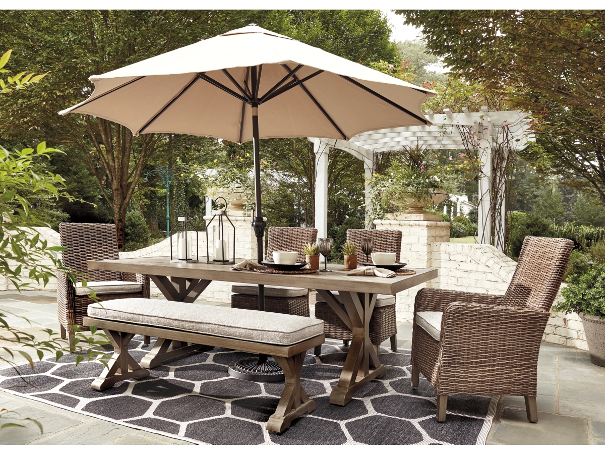 Beachcroft Outdoor Dining Table with Umbrella Option | Ashley