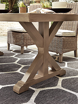 Sporting an easy-on-the-eyes look inspired by driftwood, the Beachcroft dining set elevates the art of alfresco living. Beautiful and durable enough for indoor or outdoor use, the pieces blend high style with low maintenance. The table charms with X-leg farmhouse styling and a thick porcelain table top that’s a natural complement. The brilliantly styled bench and chairs entice with a plush, removable cushion wrapped in high-performing Nuvella® fabric that’s a breeze to keep clean.Includes dining table, bench, 2 side chairs and 2 arm chairs | Table with all-weather, rust-resistant, powder coated aluminum base and frame; porcelain table top | Chairs with all-weather resin wicker handwoven over powder coated rust-resistant aluminum frame | Stainless steel hardware | Cushion covered in Nuvella® (solution-dyed polyester) high-performance fabric  | All-weather foam cushion core wrapped in soft polyester | Table comfortably accommodates 6-8; features umbrella hole and cover cap (umbrella not included) | Clean fabric with mild soap and water, let air dry; for stubborn stains, use a solution of 1 cup bleach to 1 gallon water | Designed to withstand the harsh elements of the outdoors | Imported fabric and fill | Assembly required | Estimated Assembly Time: 120 Minutes