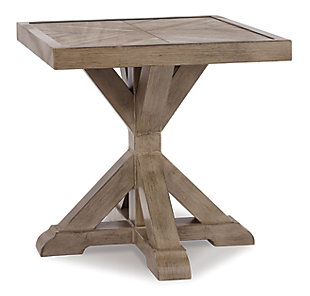 Sporting an easy-on-the-eyes look inspired by driftwood, the Beachcroft end table elevates the art of indoor-outdoor living. Beautiful and durable enough for indoor and outdoor use, this high-style/low-maintenance table charms with X-leg farmhouse styling and wows with a thick porcelain table top that’s a natural complement.All-weather, rust-resistant, powder coated aluminum base | Porcelain table top | Sponge clean with damp cloth | Excluded From Promotional Discounts