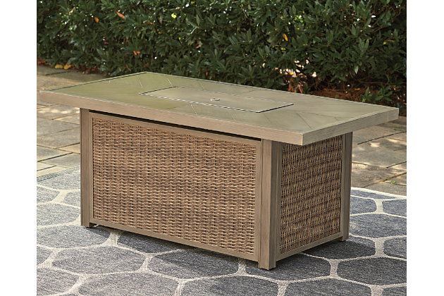 Sporting an easy-on-the-eyes look inspired by driftwood, the Beachcroft fire pit table elevates the art of alfresco living. Its chic chevron-patterned top is paired with all-weather resin wicker over rust-proof aluminum for beauty and brawn. Stainless steel burner with glass beads adds a captivating element sure to wow.Gas fire pit table with CSA-approved 30,000 BTU stainless steel burner, glass beads, burner cover and all-weather protective cover | Aluminum top | All-weather resin wicker handwoven over powder coated rust-proof aluminum frame | Battery-operated ignition system with adjustable flame control; battery included | Cabinet door conceals gas propane tank (not included) and 2 shelves | Convertible to natural gas | Assembly required | Assembly of fire pit table provided with in-home delivery; connection to propane tank or connector hose not provided | Estimated Assembly Time: 30 Minutes