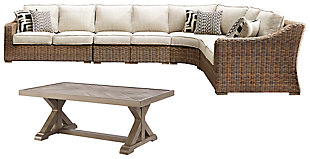 Sporting an easy-on-the-eyes look inspired by driftwood, the Beachcroft 5-piece seating set elevates the art of indoor-outdoor living. Beautiful and durable enough for indoor and outdoor use, the high-style/low-maintenance coffee table charms with X-leg farmhouse styling and wow with a thick porcelain tabletop that’s a natural complement. Sectional entices with plush, removable cushions wrapped in Nuvella® fabric that’s a breeze to keep clean.Includes right-arm facing loveseat, left-arm facing loveseat, 2 armless chairs, curved corner chair, coffee table  | Left-arm and "right-arm" describe the position of the arm when you face the piece | For indoor or outdoor use | All-weather, rust-resistant, powder coated aluminum base | Porcelain tabletops | All-weather resin wicker handwoven over powder coated rust-proof aluminum frame | Zippered cushions covered in high-performing Nuvella® fabric | All-weather foam cushion core wrapped in soft polyester | Curved corner includes 2 throw pillows; loveseats with 2 throw pillows each | Clean fabric with mild soap and water, let air dry; for stubborn stains, use a solution of 1 cup bleach to 1 gallon water | Imported fabric and fill | Sponge clean with damp cloth | Assembly required | Estimated Assembly Time: 100 Minutes