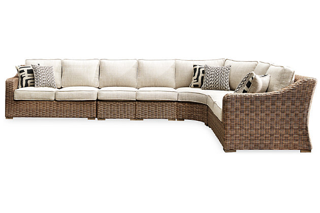 Sporting an easy-on-the-eyes look inspired by driftwood, the 5-piece Beachcroft sectional elevates the art of indoor-outdoor living. Beautiful and durable enough for indoor and outdoor use, this high-style/low-maintenance sectional entices with plush, removable cushions wrapped in Nuvella® fabric that’s a breeze to keep clean.Includes 2 armless chairs with cushions, curved corner chair with cushion, left-arm facing loveseat and right-arm facing loveseat | "Left-arm" and "right-arm" describe the position of the arm when you face the piece | All-weather resin wicker handwoven over powder coated rust-proof aluminum frames | Cushions and pillows covered in high-performing Nuvella® fabric | All-weather foam cushion core wrapped in soft polyester | Clean fabric with mild soap and water, let air dry; for stubborn stains, use a solution of 1 cup bleach to 1 gallon water | Imported fabric and fill | Assembly required | Estimated Assembly Time: 85 Minutes