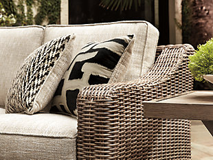 Sporting an easy-on-the-eyes look inspired by driftwood, the 2-piece Beachcroft sectional elevates the art of indoor-outdoor living. Beautiful and durable enough for indoor and outdoor use, this high-style/low-maintenance sectional entices with plush, removable cushions wrapped in Nuvella® fabric that’s a breeze to keep clean.Includes left-arm facing loveseat, right-arm facing loveseat and 4 throw pillows | "Left-arm" and "right-arm" describe the position of the arm when you face the piece | For indoor or outdoor use | All-weather resin wicker handwoven over powder coated rust-proof aluminum frames | Cushions and pillows covered in high-performing Nuvella™ fabric | All-weather foam cushion core wrapped in soft polyester | Clean fabric with mild soap and water, let air dry; for stubborn stains, use a solution of 1 cup bleach to 1 gallon water | Imported fabric and fill | Assembly required | Estimated Assembly Time: 15 Minutes