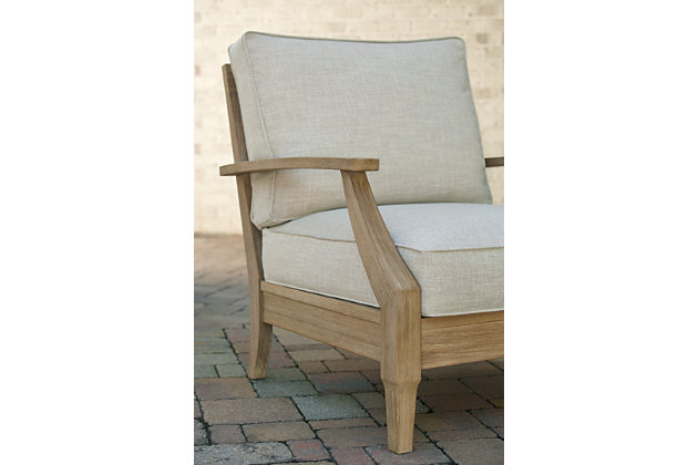 An effortlessly elegant choice in outdoor furniture, the Clare View outdoor lounge chair marries sturdiness and style in such a delightful way. For that much more weather protection, the chair’s eucalyptus wood frame with tapered touches and slat styling is treated to a 5-step finishing process. Sumptuously soft yet remarkably durable, the included cushions are wrapped in a high-performing, low-maintenance Nuvella® fabric you’re sure to love.Made of eucalyptus wood | 5-step protective coating process | Zippered cushions covered in high-performing Nuvella® fabric | Clean fabric with mild soap and water, let air dry; for stubborn stains, use a solution of 1 cup bleach to 1 gallon water | All-weather foam cushion core wrapped in soft polyester | Imported fabric and fill | Assembly required | Estimated Assembly Time: 30 Minutes