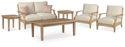 Clare View Outdoor Loveseat and 2 Lounge Chairs with Coffee Table and 2 End Tables, Beige