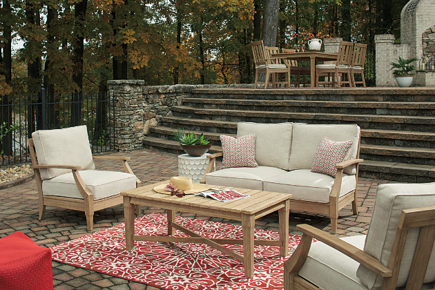 An effortlessly elegant choice in outdoor furniture, the Clare View outdoor loveseat marries sturdiness and style in such a delightful way. For that much more weather protection, the loveseat’s eucalyptus wood frame with tapered touches and slat styling is treated to a 5-step finishing process. Sumptuously soft yet remarkably durable, the included cushions and colorful throw pillows are wrapped in a high-performing, low-maintenance Nuvella® fabric you’re sure to love.Made of eucalyptus wood | 5-step protective coating process | 2 throw pillows included | Zippered cushions and pillows covered in high-performing Nuvella® fabric | Clean fabric with mild soap and water, let air dry; for stubborn stains, use a solution of 1 cup bleach to 1 gallon water | All-weather foam cushion core wrapped in soft polyester | Imported fabric and fill | Assembly required | Estimated Assembly Time: 30 Minutes